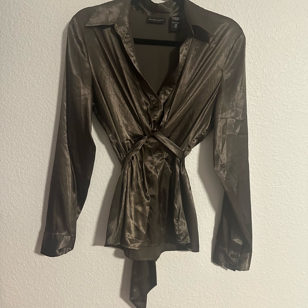 Peplum Brown Long Sleeve Blouse Size 10 Wrap Bow Satin Look Night Out Career‎